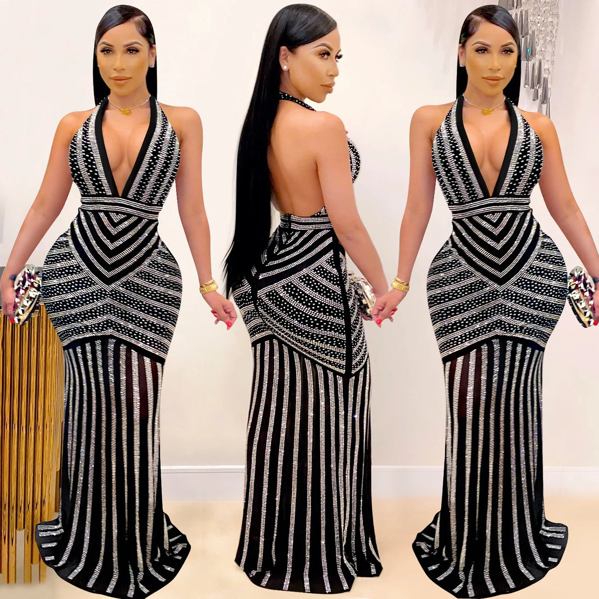 Sequin V-Back Party Maxi Dress