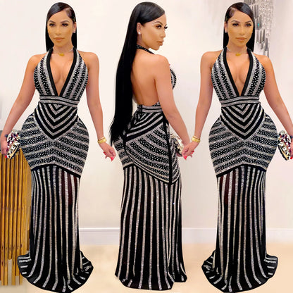 Sequin V-Back Party Maxi Dress