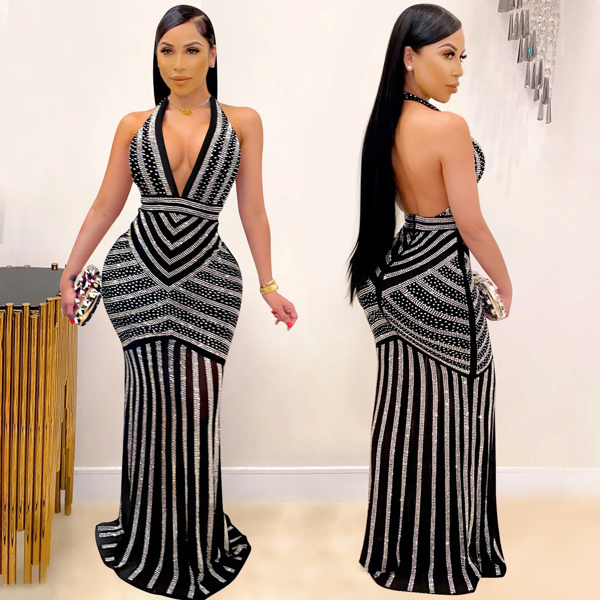 Sequin V-Back Party Maxi Dress