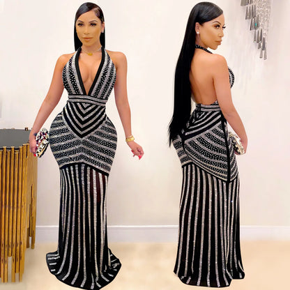Sequin V-Back Party Maxi Dress