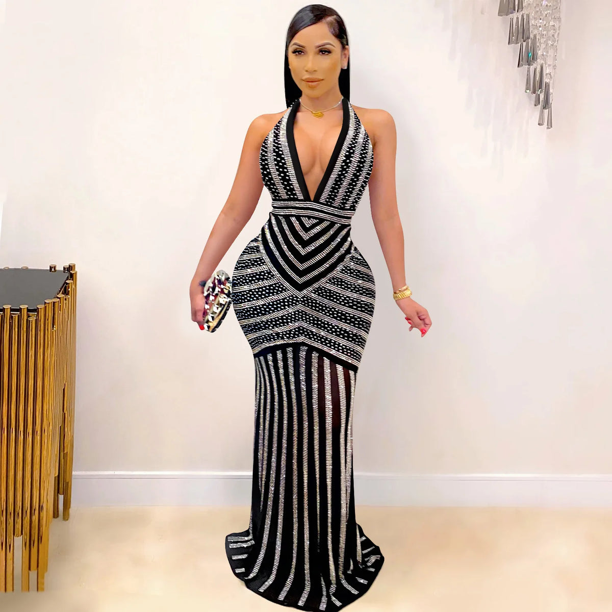 Sequin V-Back Party Maxi Dress
