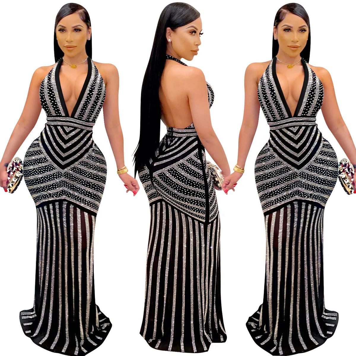 Sequin V-Back Party Maxi Dress