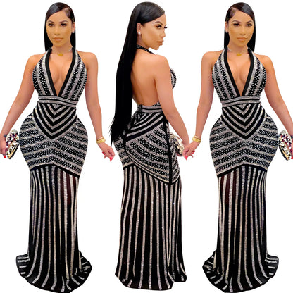 Sequin V-Back Party Maxi Dress